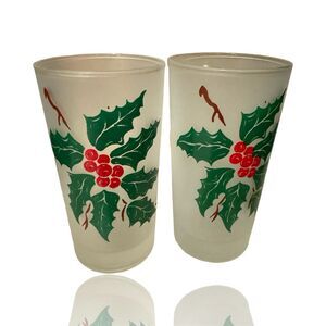Indiana Glass Vintage Holly Christmas Drinking Glasses Set of 2